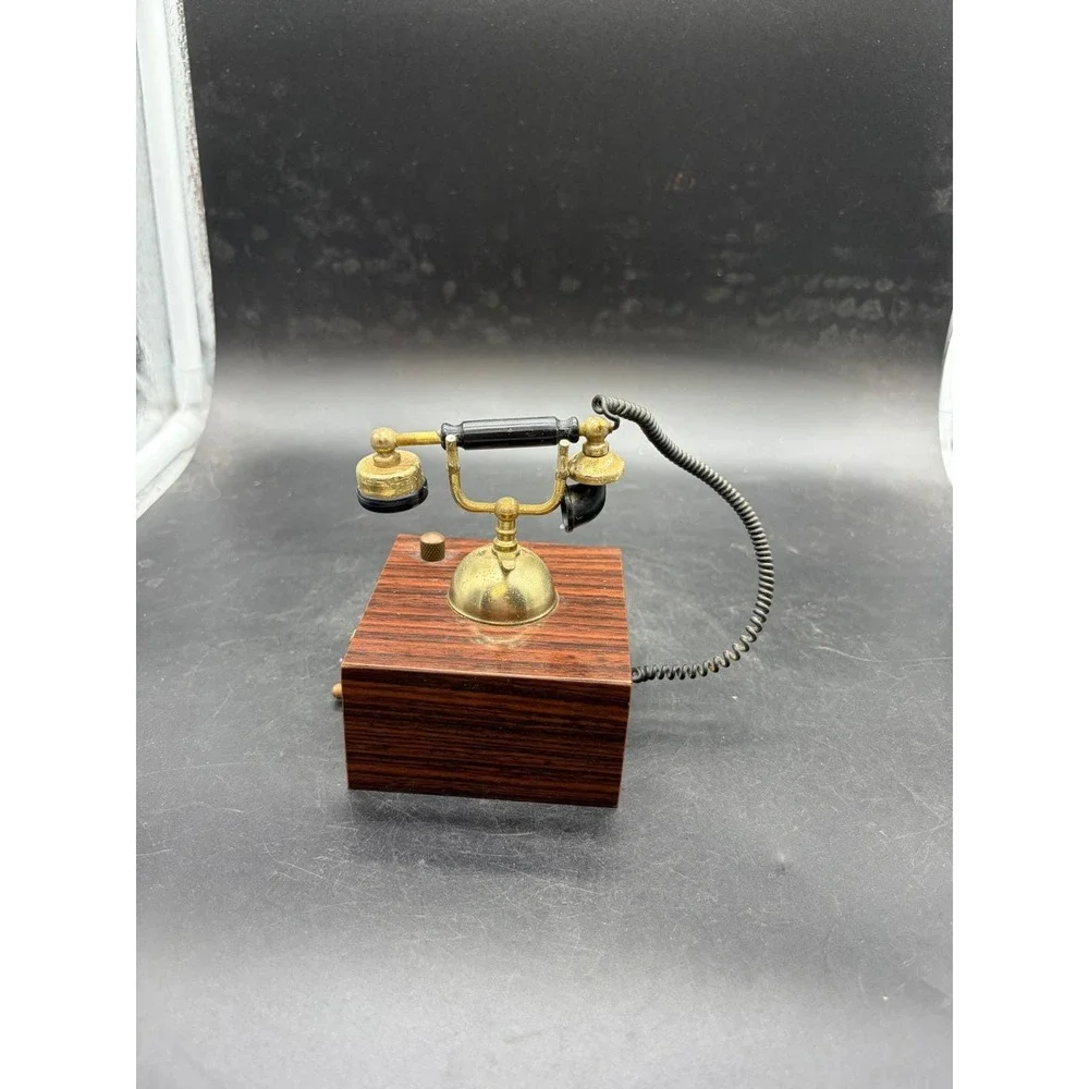 Vintage Miniature Telephone Music Box Antique Style Wood Brass Tone Decor